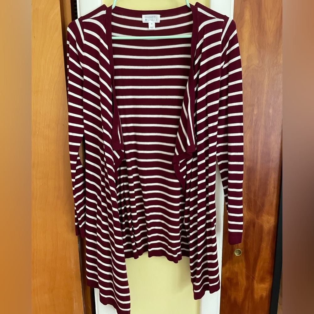 Burgundy Striped Open Cardigan